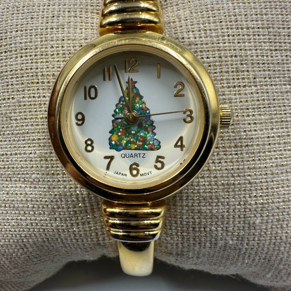 Christmas Tree Watch Women Gold Tone White Dial Hinged Cuff Band New Battery